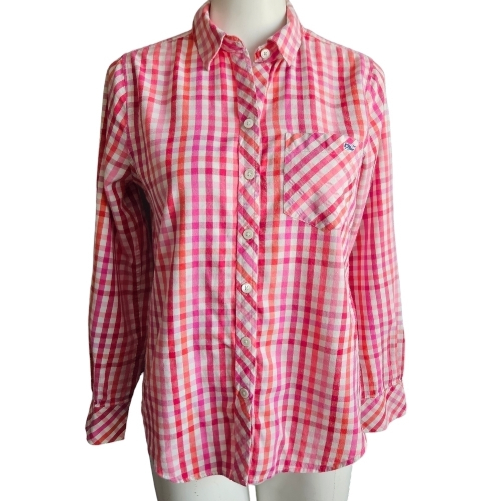 Vineyard Vines Cotton Candy‎ Plaid Button Down Blouse Shirt with Cashmere Size 0